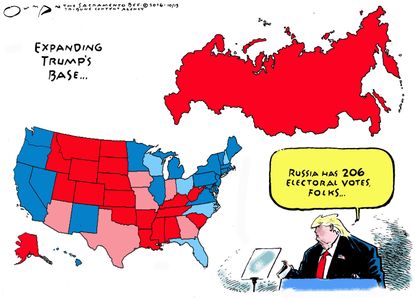 Political cartoon U.S. Russia votes for Donald Trump