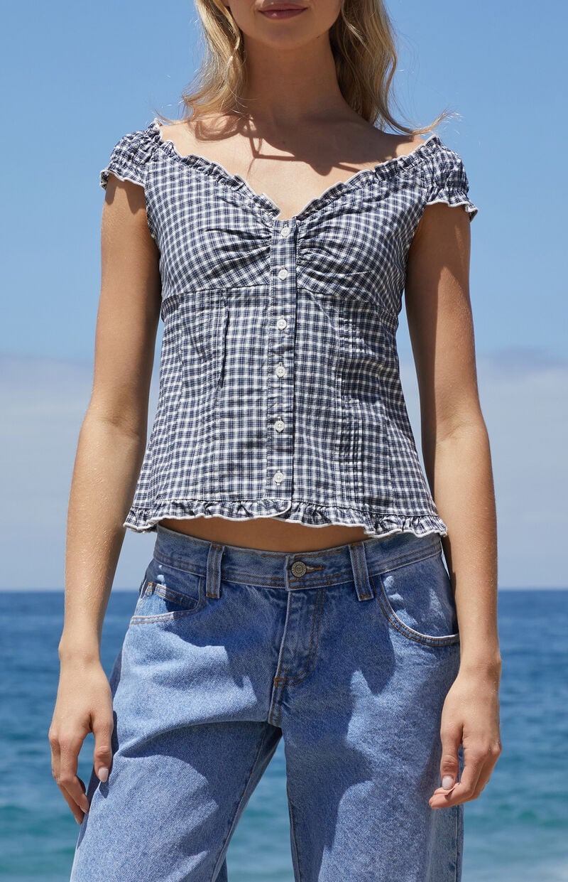 Pacsun, White & Blue Plaid Elena Top