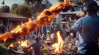 AI beer ad; a fireball across a BBQ party