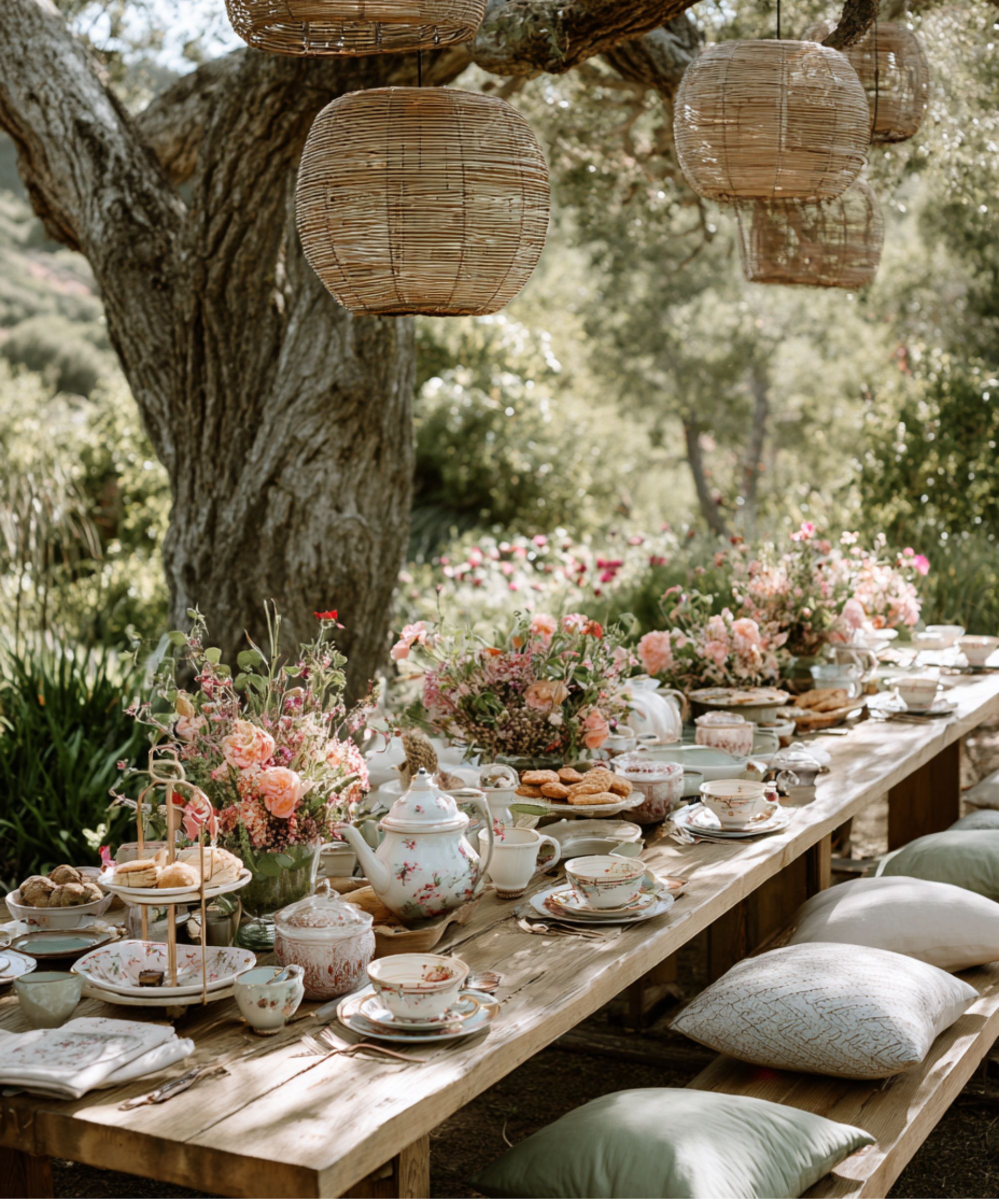 Outdoor dining table set up with a vintage style afternoon tea and peach-colored flowers with rattan pendants hanging from trees above