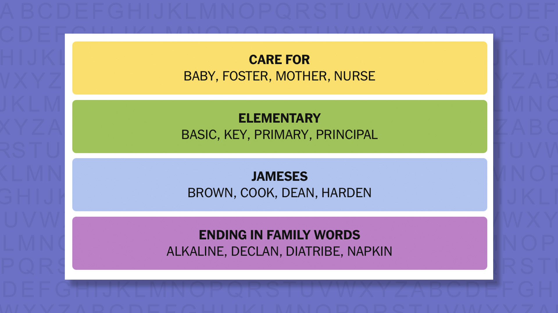 NYT Connections answers for game 990 on a purple background