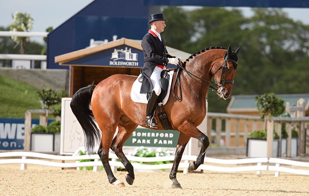 Richard Davison riding BUBBLINGH during the CDI 3* Dressage Grand Prix Freestyle during the Bolesworth International Horse Show near Chester in Cheshire in the UK on 14th May 2017
