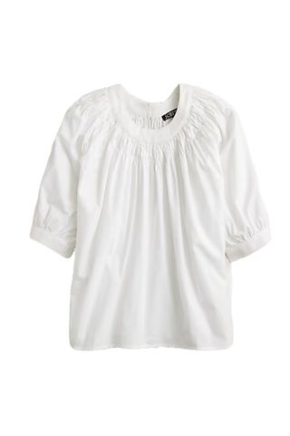 Smock-Neck Puff-Sleeve Top in Cotton Poplin