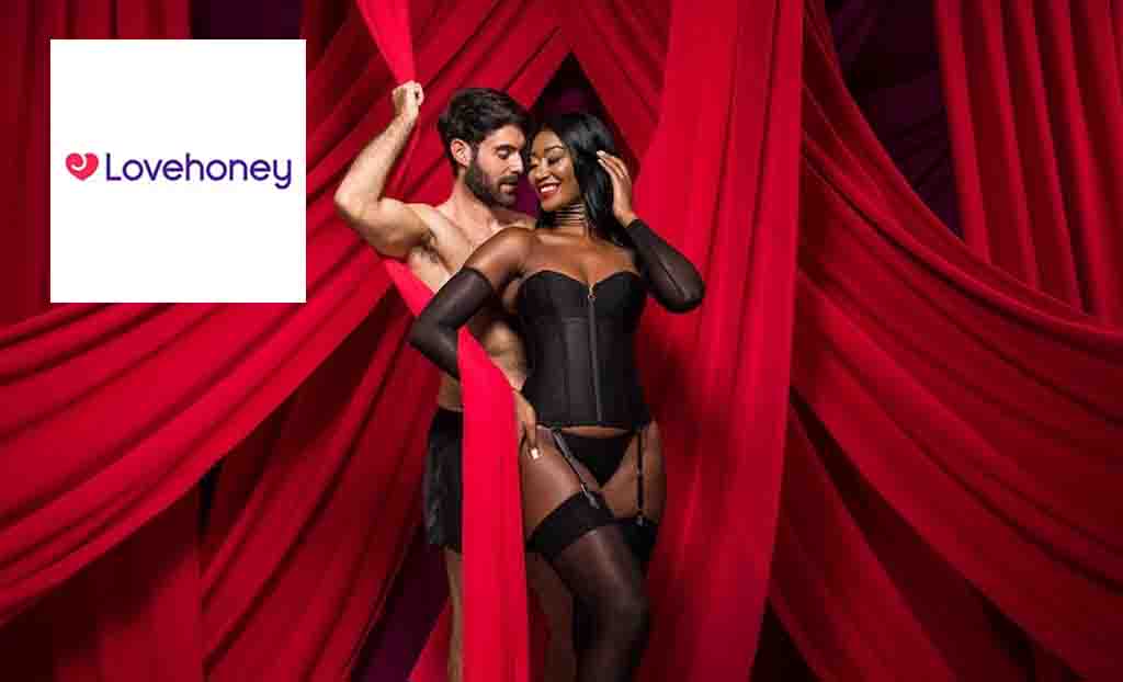Love Honey logo placed over an image of two people submerged in red curtains