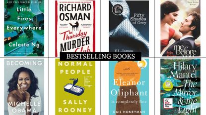 a collage image of eight of the bestselling books of the past decade, featuring Fifty Shades of Grey and Normal People