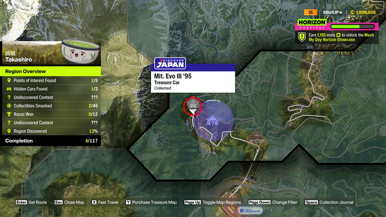 Forza Horizon 6 Treasure Cars: A map with a red circle bringing attention to the location of a Treasure Car in the Takashiro region.