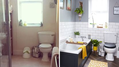 bathroom make over with scandi touches grey wall and parquet flooring