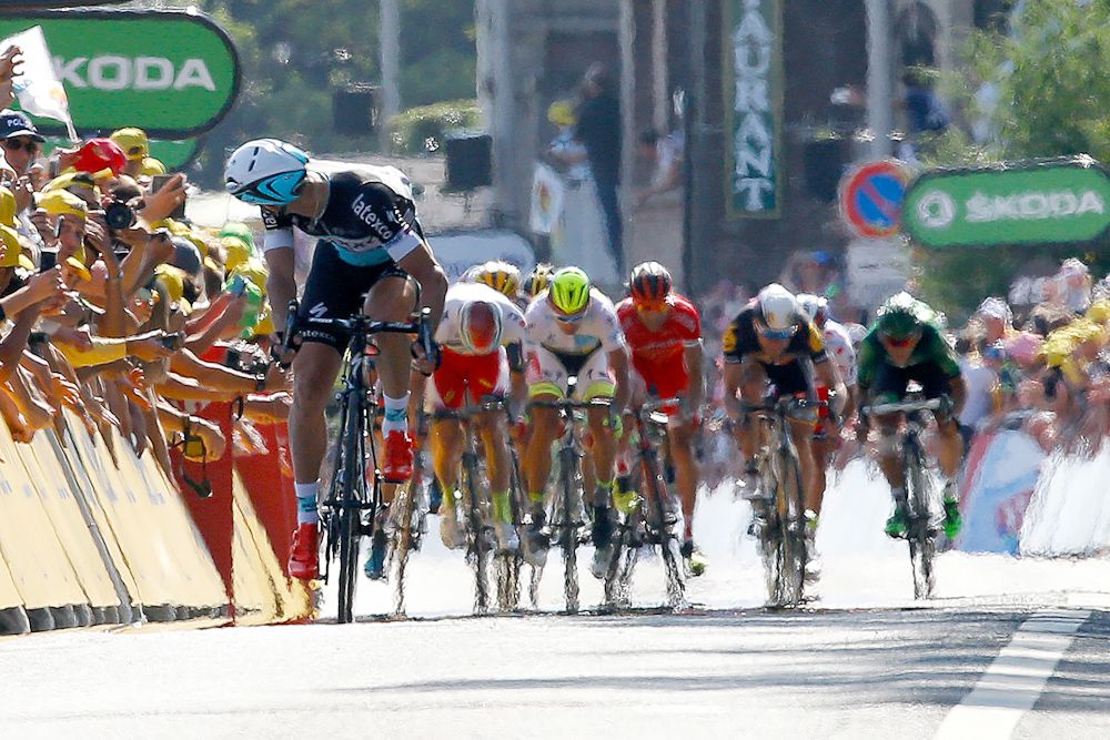 Zdenek Stybar check behind on his way to winning stage 6 of the 2015 Tour de France.