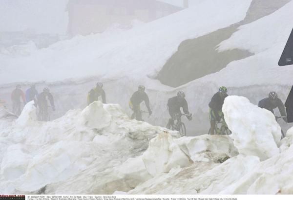 On the Gavia in 2008 as the peloton nears the top of the climb
