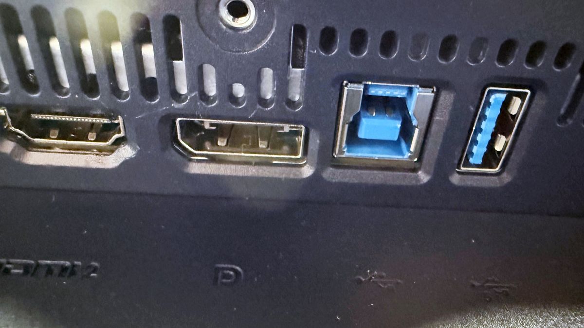 Close up of the ports on the back of the Alienware 27 4K QD-OLED (AW2725Q) gaming monitor.