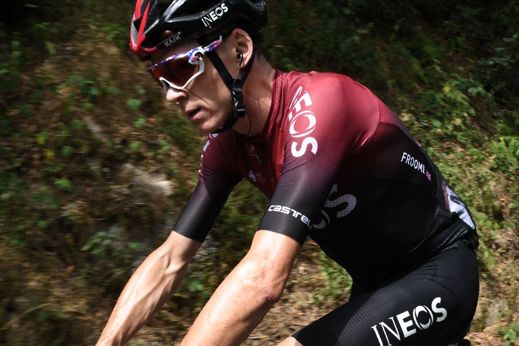 Team Ineos rider Great Britains Christopher Froome rides during the first stage of the 72nd edition of the Criterium du Dauphine cycling race 2185 km between ClermontFerrand and SaintChristoenJarez on August 12 2020 Photo by AnneChristine POUJOULAT AFP Photo by ANNECHRISTINE POUJOULATAFP via Getty Images