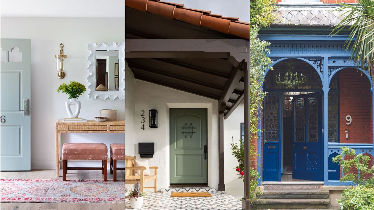 front door numbers in three images. Left show open door inside hose with a pale blye door and a number 6 in the middle, next shot shows a moss green door with black numbers stacked vertically to the left and right shows ornate blue metal awning and large white number 9 on red brick wall