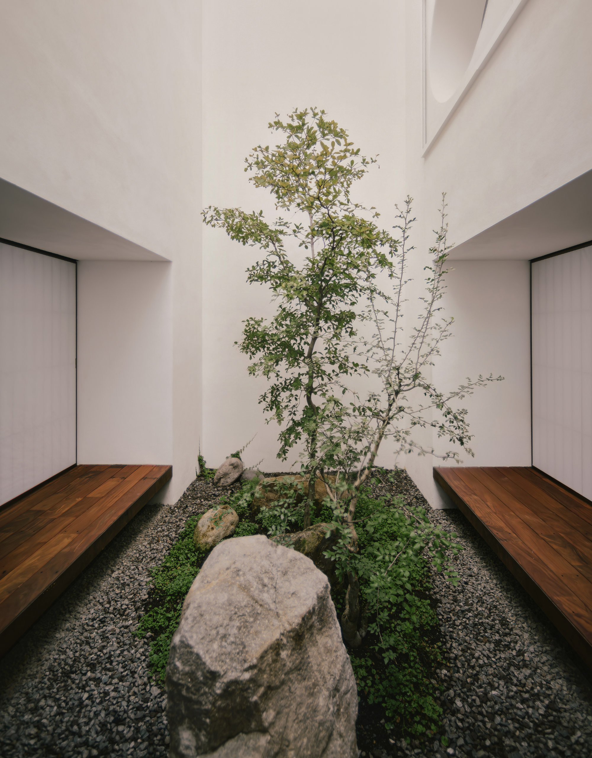 A Japanese courtyard with a rock garden, elevated wood sides, and a patch of green