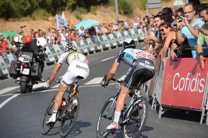 Gilbert is followed closely by Stybar in the tricky finale