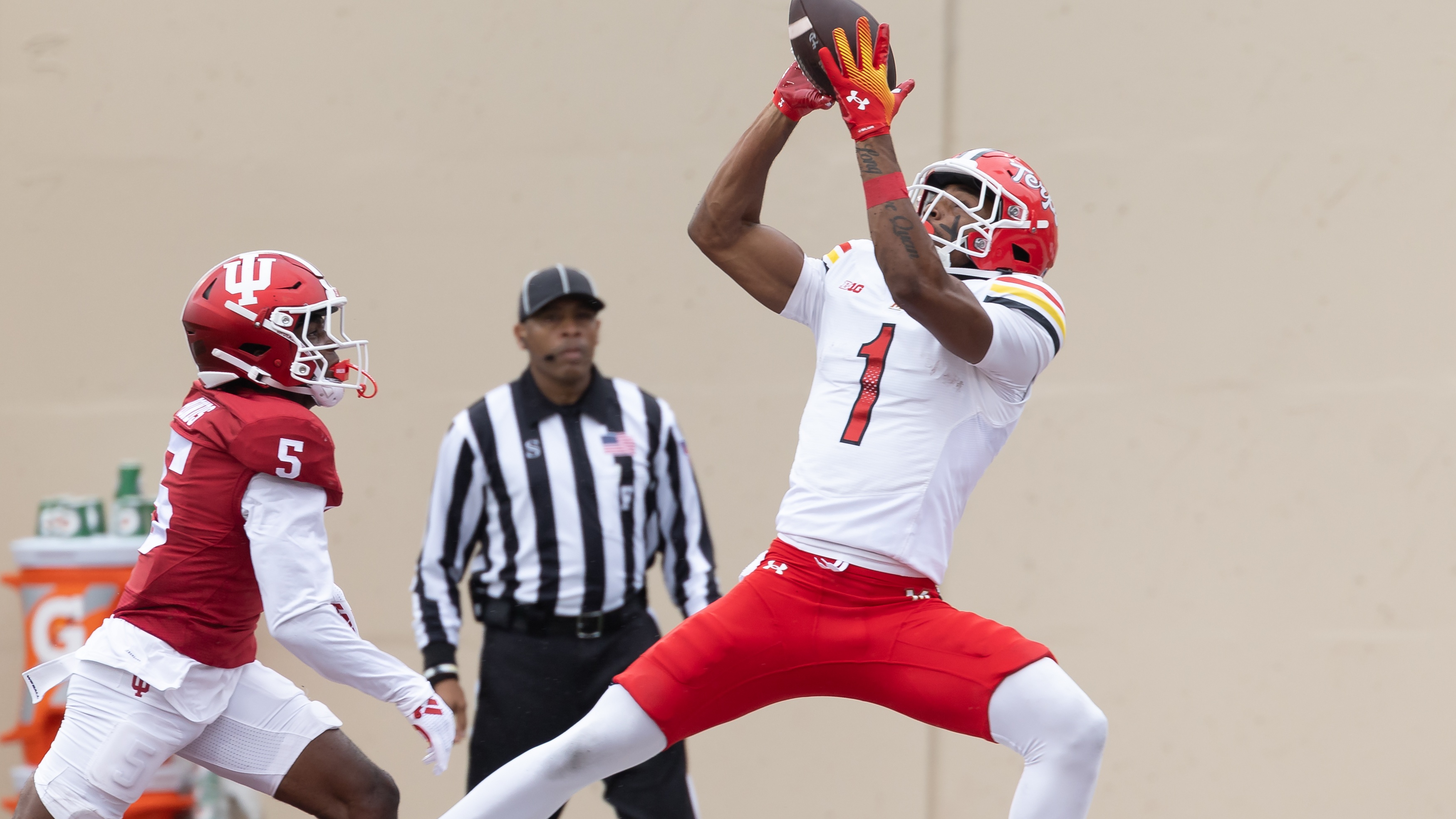 Kaden Prather #1 of the Maryland Terrapins catches a pass for a touchdown during the first half against D&#039;Angelo Ponds #5 of the Indiana Hoosiers at Memorial Stadium on September 28, 2024 in Bloomington, Indiana.