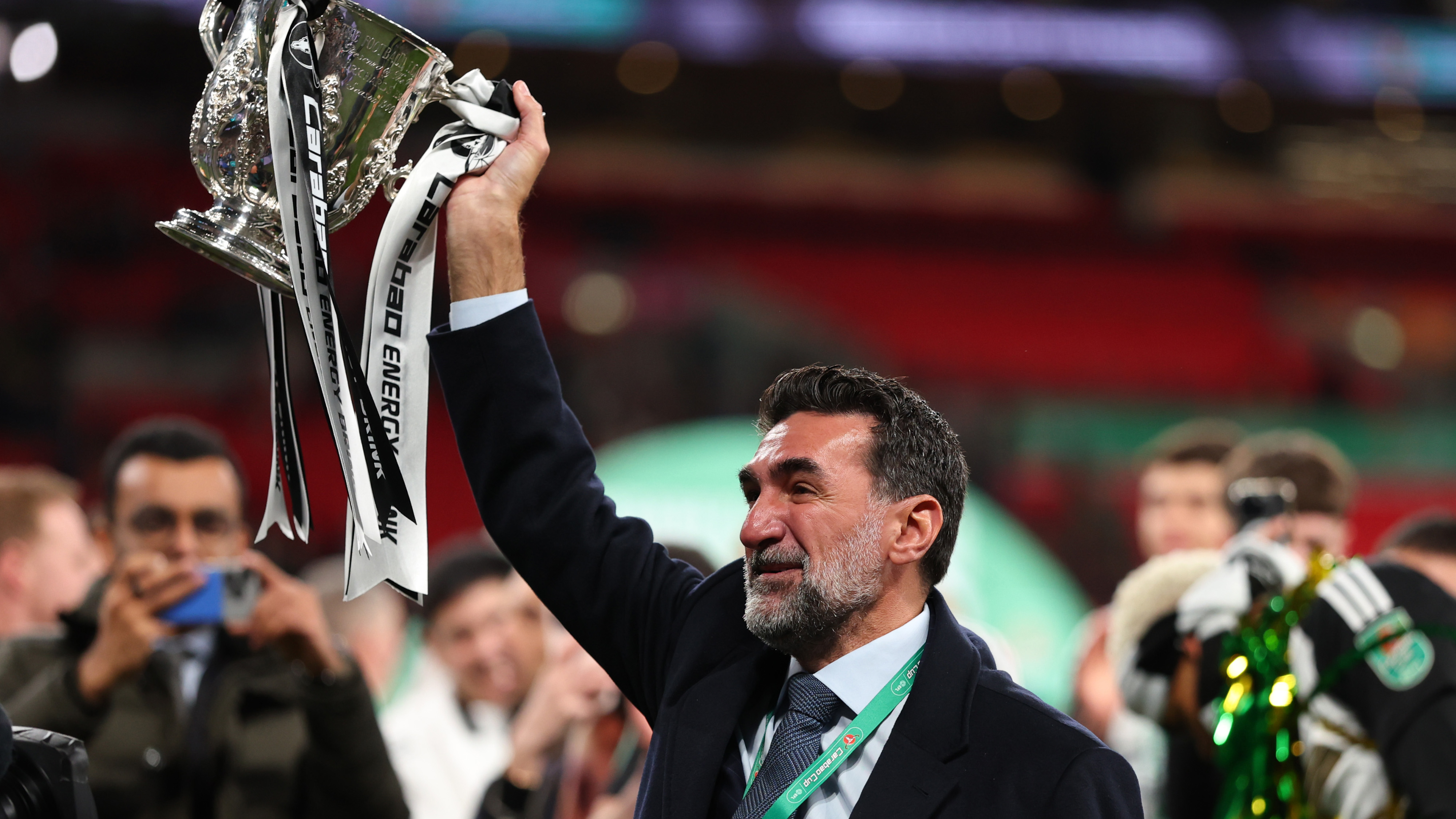 Newcastle United owner Yasir Al-Rumayyan celebrates the club's Carabao Cup triumph