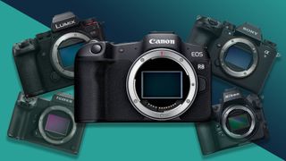 L'appareil photo Canon EOS R8 en évidence par rapport aux appareils Sony, Nikon, Fujifilm et Panasonic sur fond turquoise. 