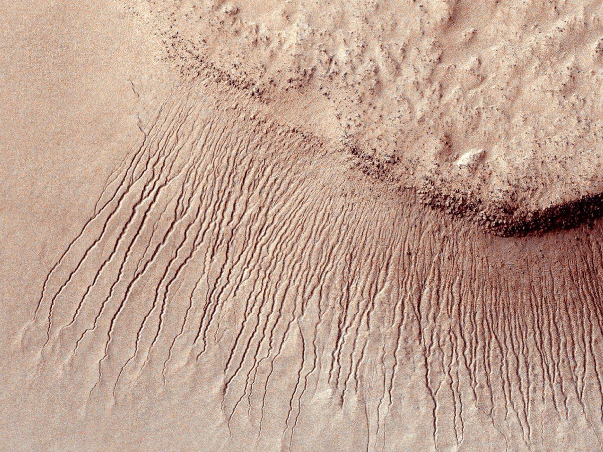 This MRO image shows many channels from 1 meter to 10 meters (approximately 3 feet to 33 feet) wide on a scarp in the Hellas impact basin. On Earth we would call these gullies. 