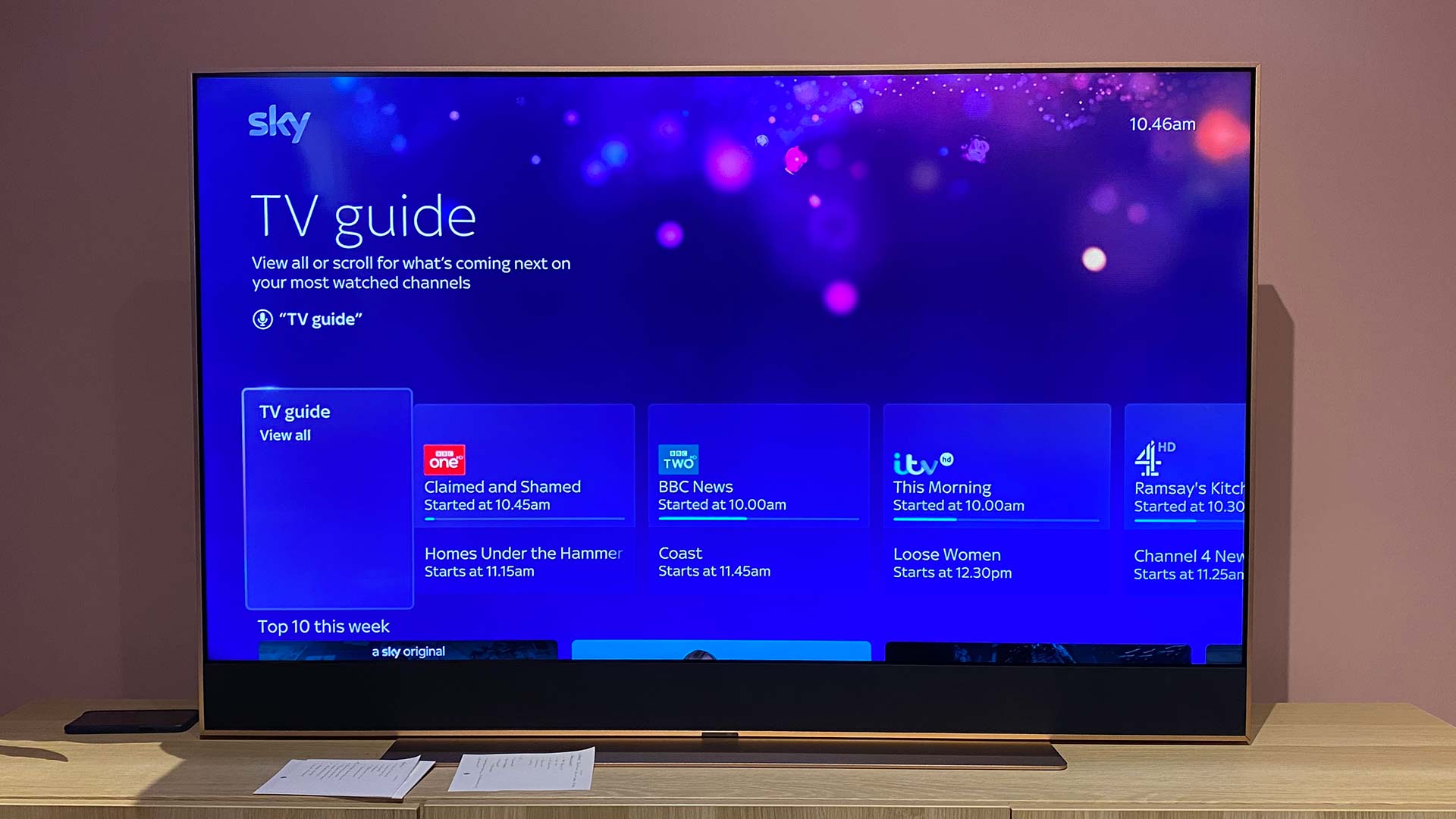 The Sky Glass TV interface showing the TV guide