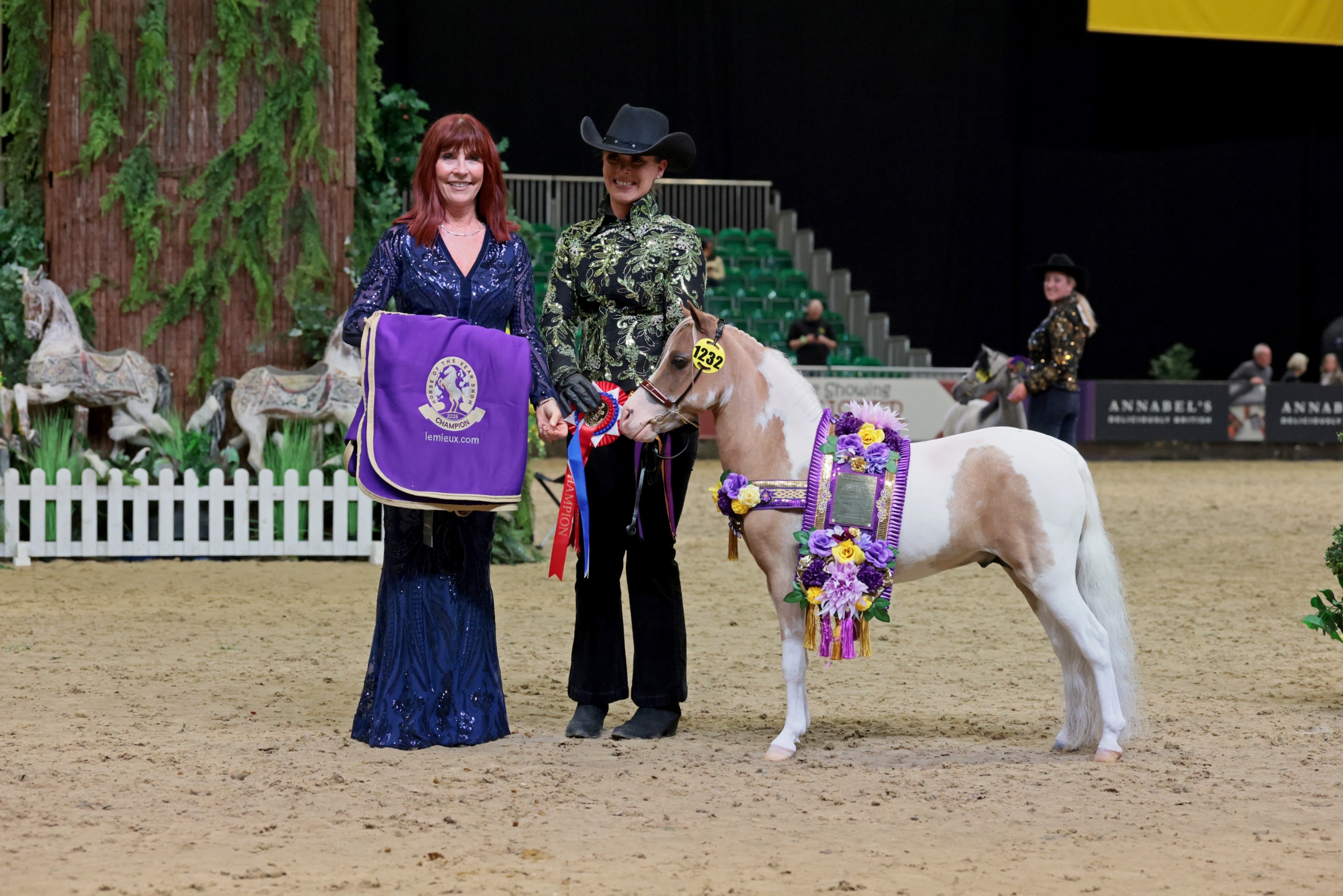 Pandoras Conquistadors Bvlgari and Emma Armitage stand for a photo at HOYS after winning the American Miniature horse of the year title