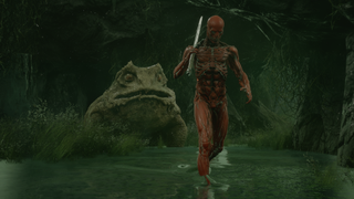 An image of a character from the game Mortal Shell, they are wearing armor that looks like a skinless person. A massive Toad is in the background.