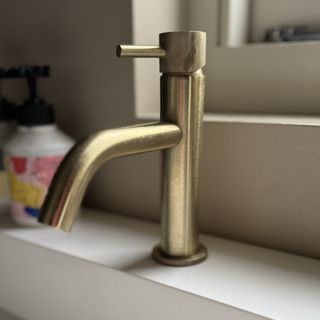 brass monoblock tap on modern basin