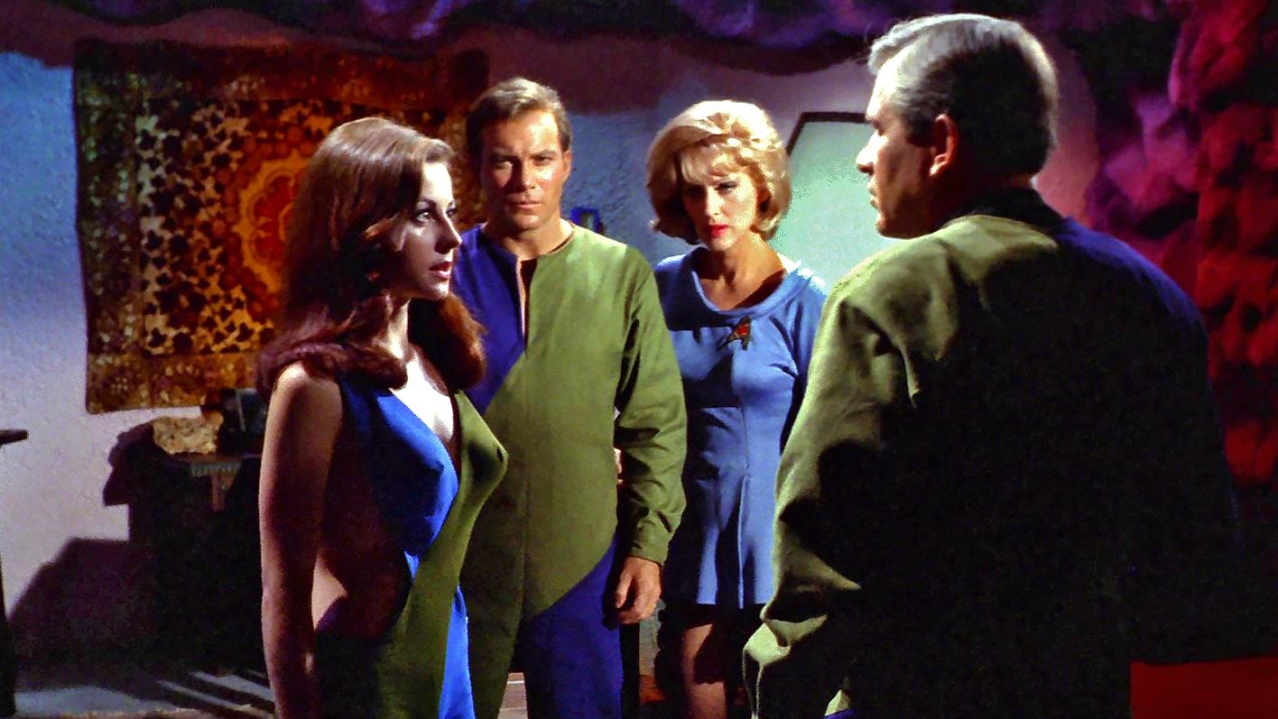 William Shatner, Majel Barrett, Sherry Jackson, and Michael Strong in Star Trek episode 