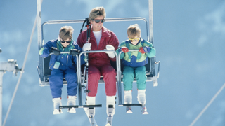 The Princess of Wales takes a family skiing holiday in Lech, Austria, with her sons William and Harry, 9th April 1991