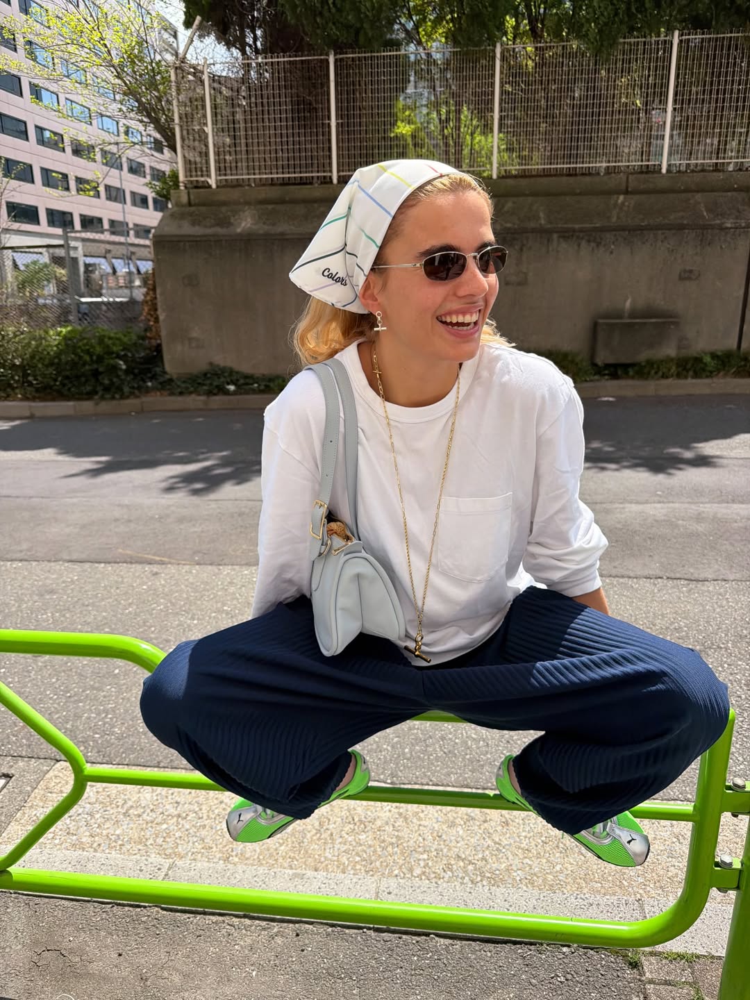 Influencer Tori Van Breugel wearing a head scarf.