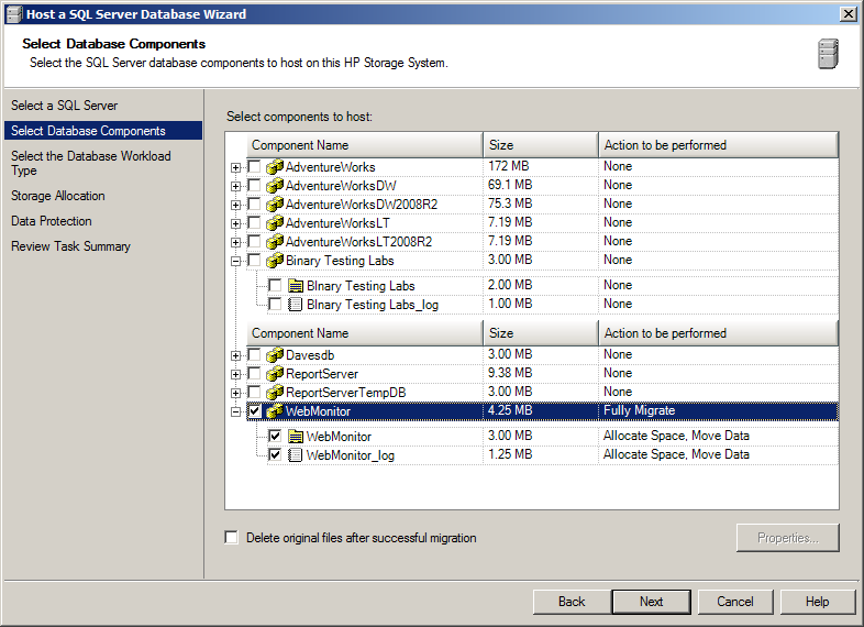 The ASM agent displays all available SQL databases on the host system where you pick the ones you want to migrate.