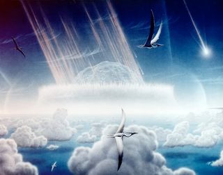 An artist’s impression of the Chicxulub asteroid impacting the Yucatan Peninsula as pterodactyls fly in the sky above.