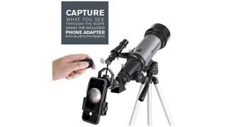The Celestron 70mm Travel Scope with a smartphone attached using a smartphone adapter