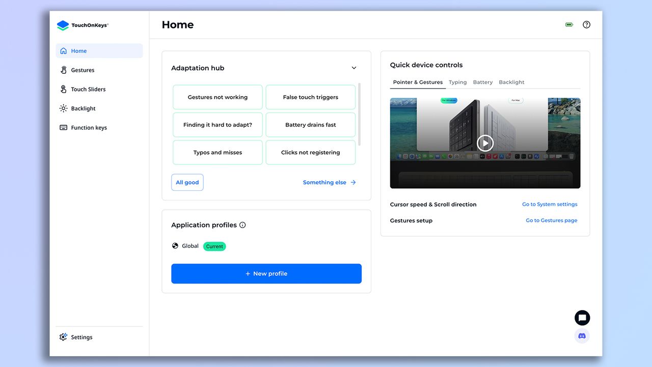 Screenshot of the Clevetura TouchOnKeys app