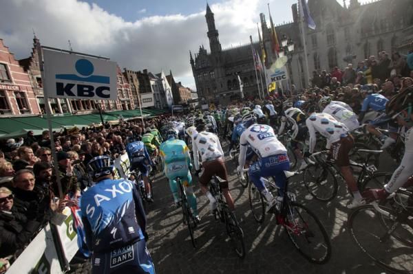 The riders gather at the start for the 2012 Tour of Flanders