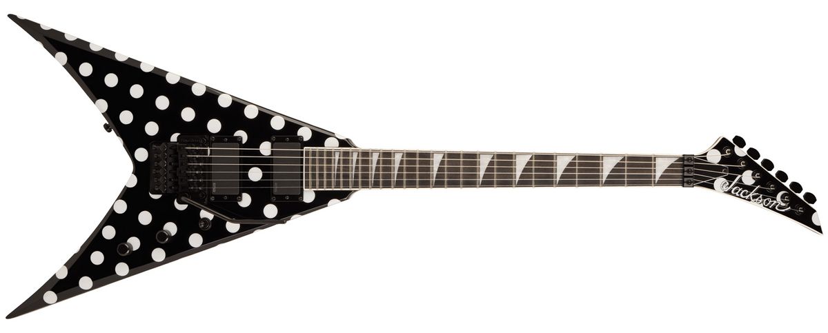 Jackson Pro Series Limited Edition Phil Demmel KV King V: the V-style electric is finished in black-and-white polka dots, and looks good in all settings, against a white background or barroom scene alike.