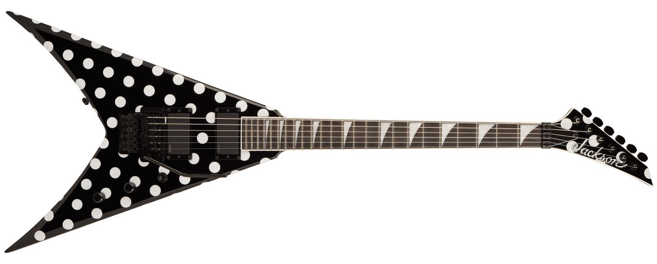 Jackson Pro Series Limited Edition Phil Demmel KV King V: the V-style electric is finished in black-and-white polka dots, and looks good in all settings, against a white background or barroom scene alike.