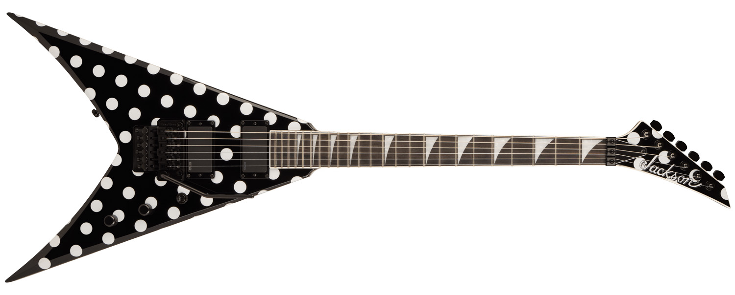 Jackson Pro Series Limited Edition Phil Demmel KV King V: the V-style electric is finished in black-and-white polka dots, and looks good in all settings, against a white background or barroom scene alike.