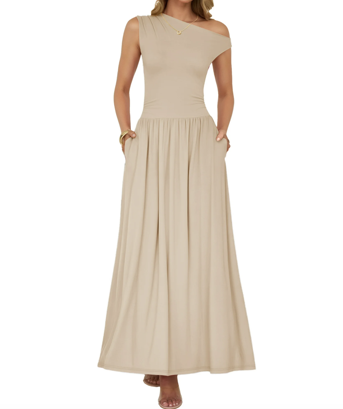 YOGAFOX, Yogafox Women Sleeveless One Shoulder Casual Flowy Pleated Maxi Dress With Pockets Sand M