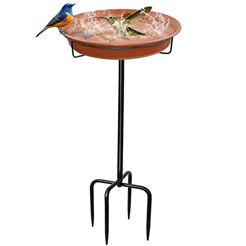 28in Freestanding Birdbaths Bowl Outdoor, Free Standing Garden Bird Bath Bird Feeder Bowl With Metal Stake, Detachable Decoration Spa Birdfeeder for Garden Patio Yard Lawn, 4 Spiky Feet (brown)