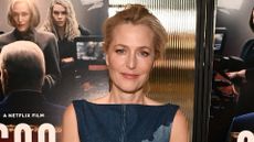 Gillian Anderson wearing denim maxi dress at Scoop screening in New York on April 03, 2024