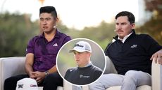 Collin Morikawa and Joel Dahmen attend The Netflix Cup in 2023 - inset photo of Justin Thomas