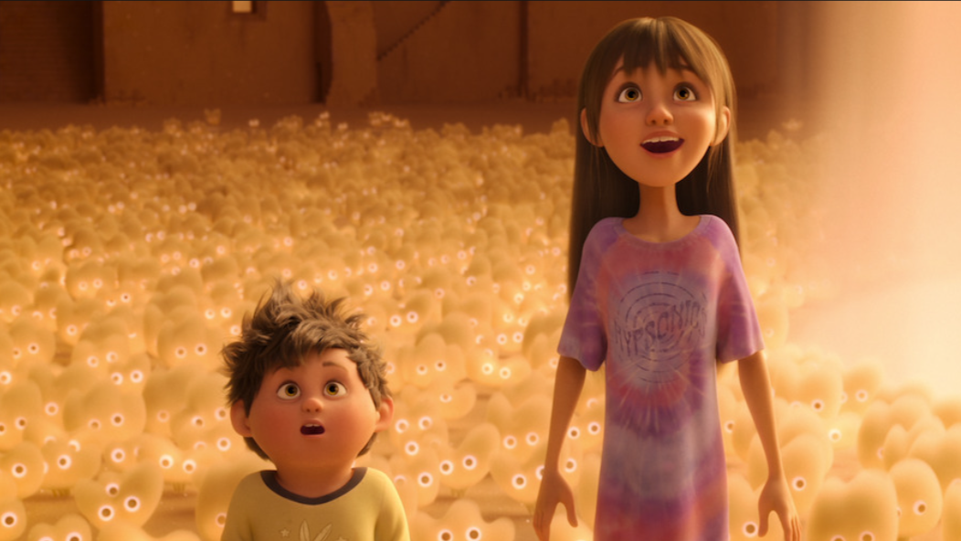 Elliot and Stevie gazing up at the Sandman in a still for the Netflix movie In Your Dreams