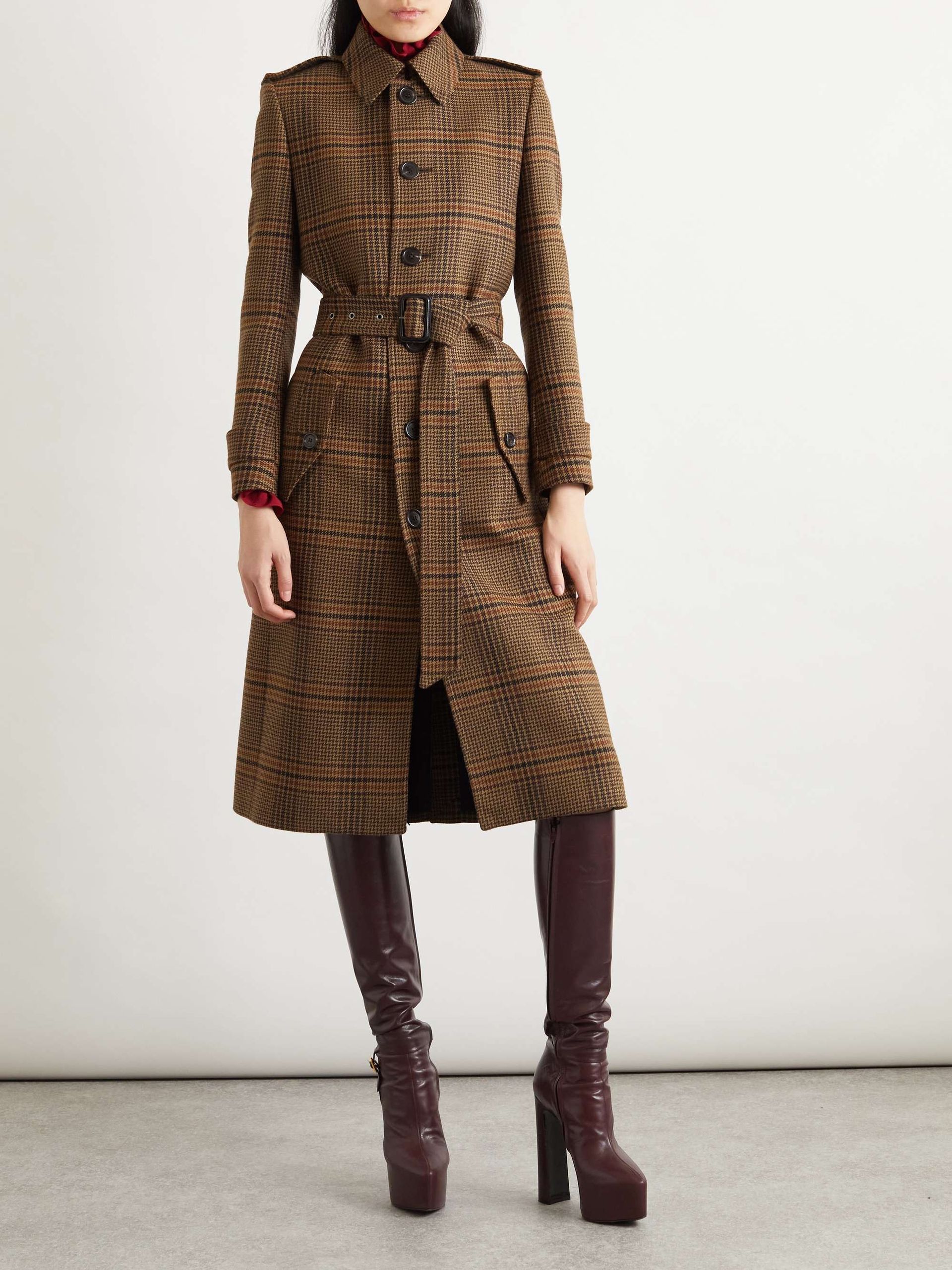 Belted Checked Wool Trench Coat