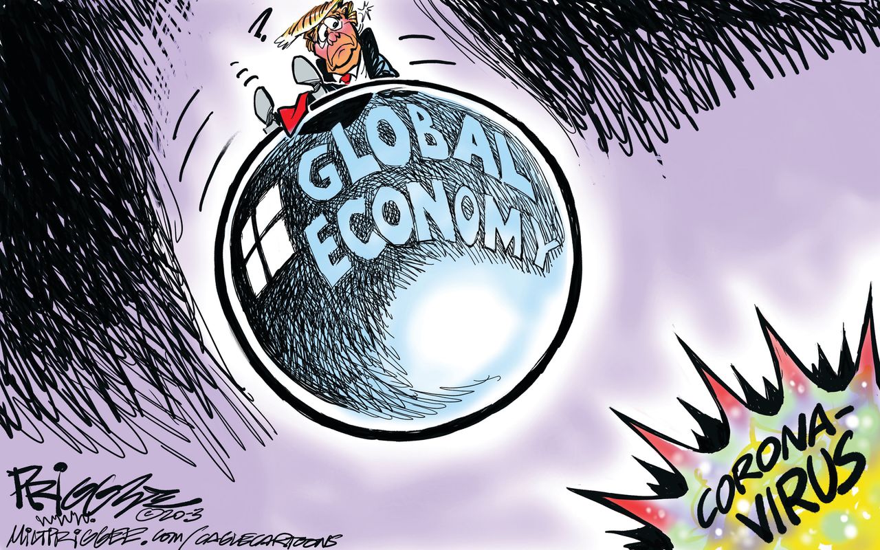 Political Cartoon U.S. Trump coronavirus global economy bombed