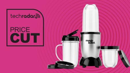 Magic Bullet blender 11-piece set on pink background with TechRadar price cut sign