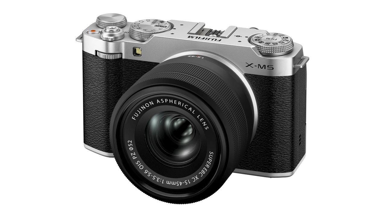Product shots of a Fujifilm X-M5 digital camera on a white background