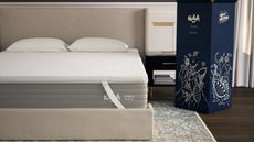 AirFoam&reg; Luxe Mattress Topper on a beige upholstered bed with two white pillows. Beneath the bed is a patterned rug and dark wooden flooring, and to the right is a large dark blue box.