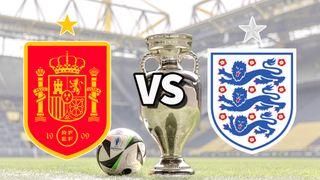 The Spain and England club badges on top of a photo of the Euro 2024 trophy and match ball