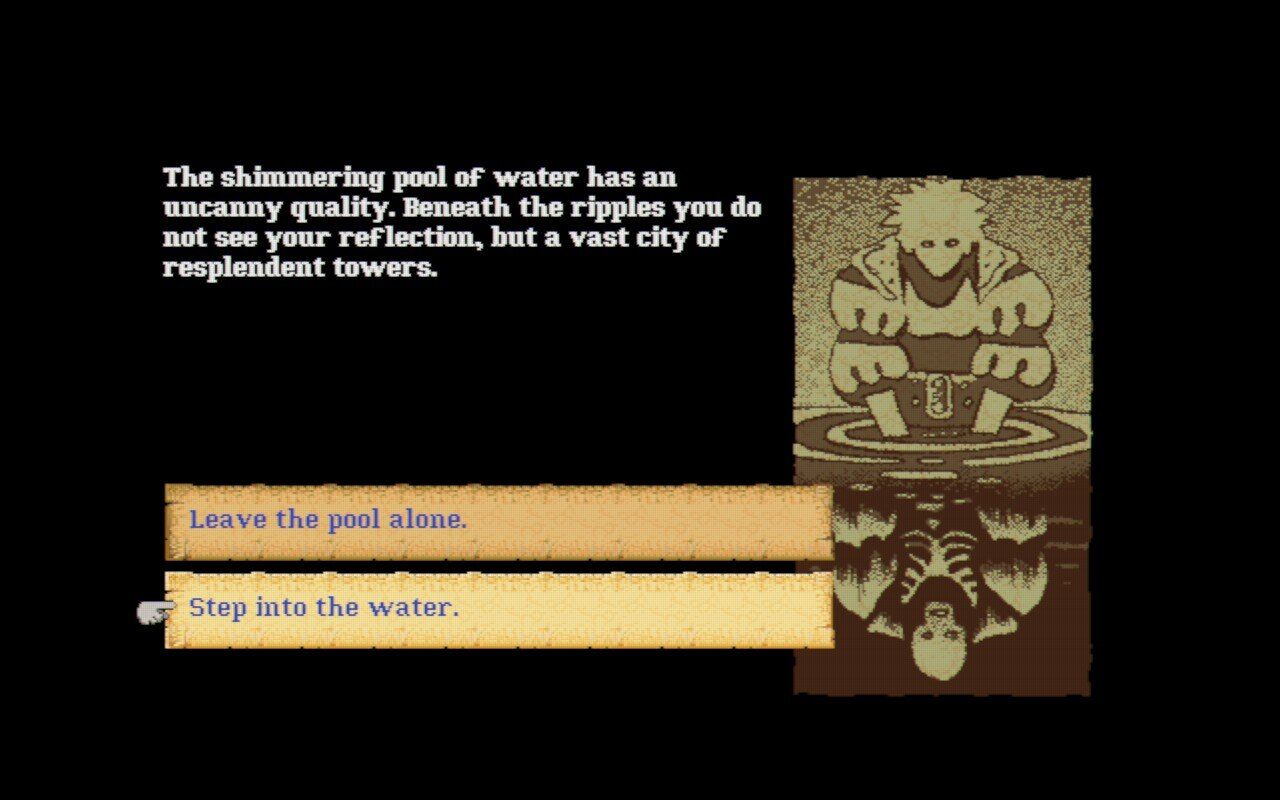 Entropy screenshot showing text adventure portion character looking through water to see an otherworldly city