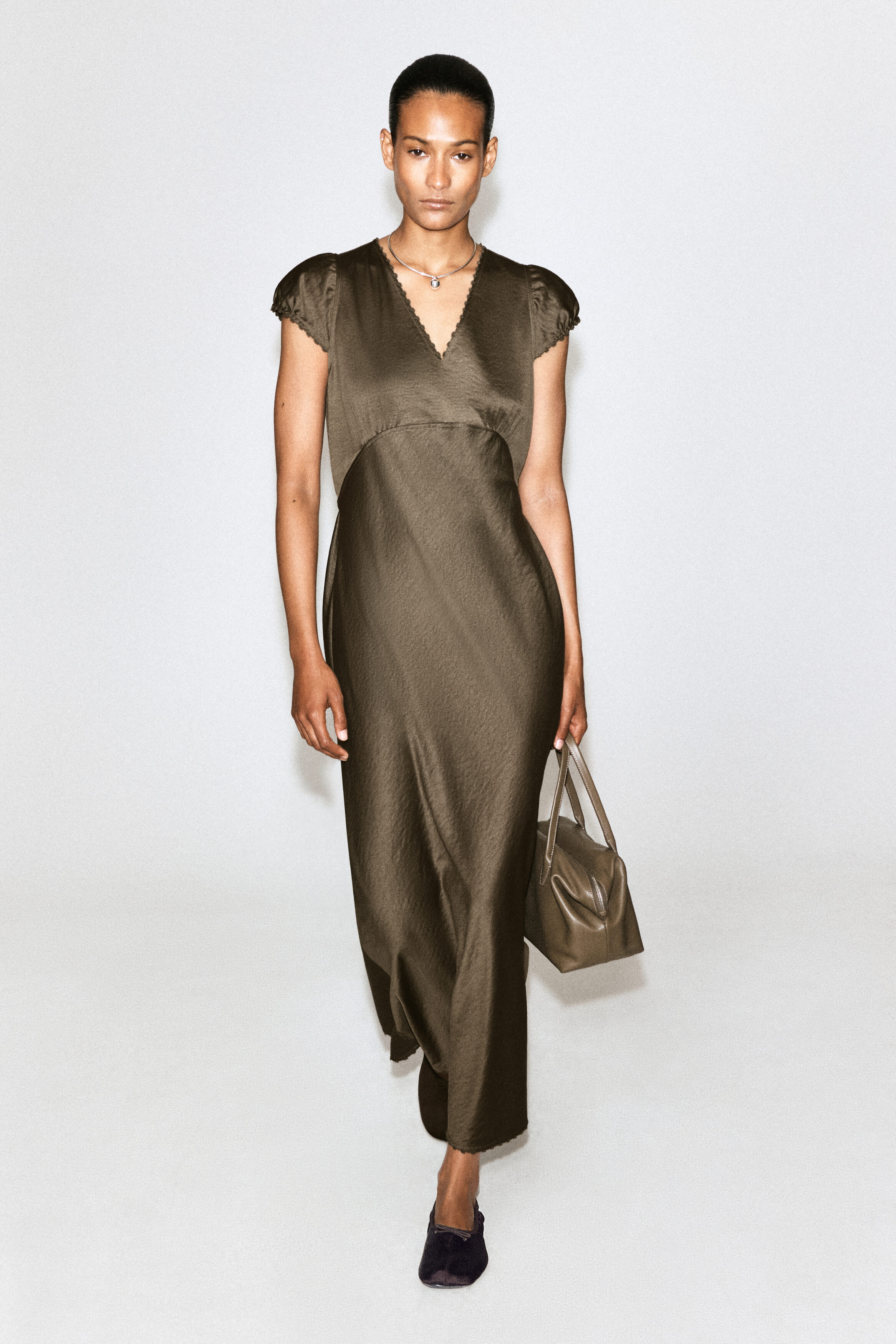 Embroidered Satin Midi Dress